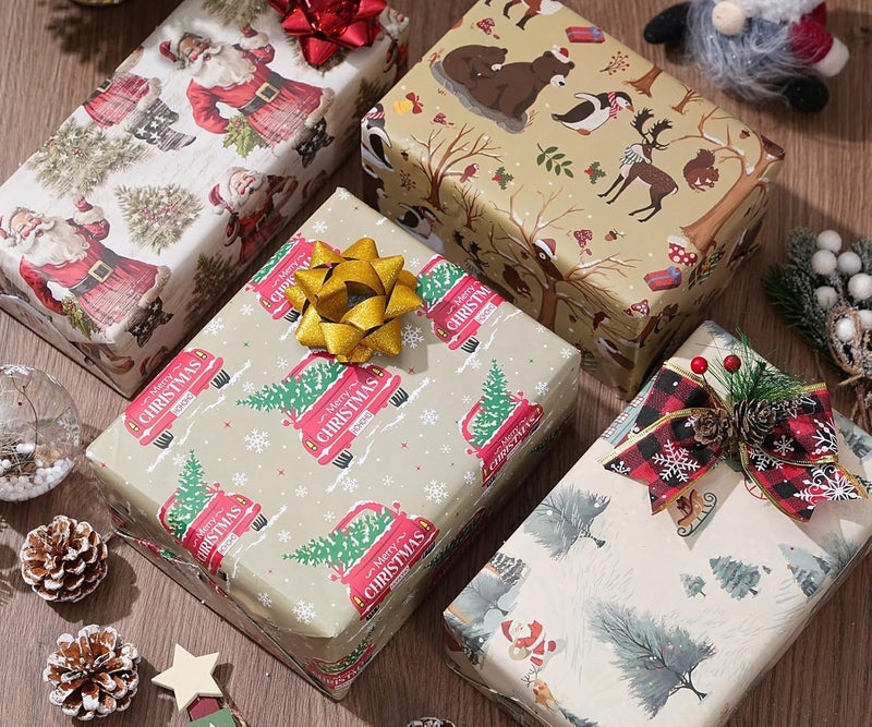 ZINTBIAL Vintage Christmas Wrapping Paper for Kids Adults - Xmas Wrapping Paper with Retro Santa, Red Truck, Woodland Animals, Country Scene Designs - 28 x 40 Inches, 6 Jumbo Sheets - Easy to Store - Image 5
